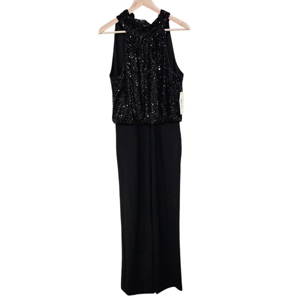 NEW Eliza J Jumpsuit 12 Black Sequin Halter Neck Sleeveless Wide‎ Leg Evening - Picture 13 of 14